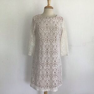 White lace overlay Jackie O boatneck 3/4 sleeve knee length Ronny Nicole dress 8